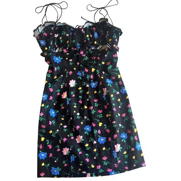 FOR LOVE & LEMONS - ROBIN RUCHED & RUFFLED BLACK FLORAL MINI DRESS NEW -SMALL - Picture 8 of 16
